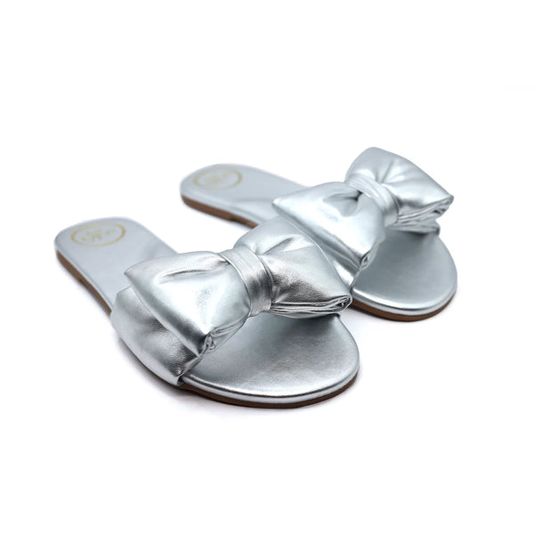 Silver Rafie flip flops with big bow.