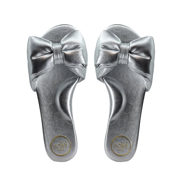 Silver Rafie flip flops with big bow.