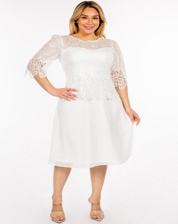 White elegance flower lace midi dress.