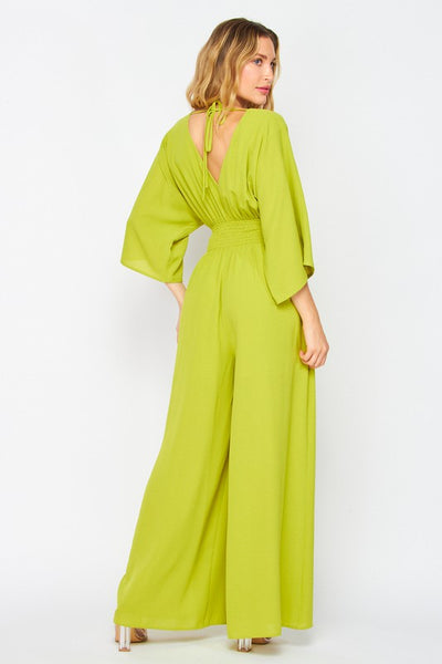 Lime V neck, 3/4 sleeves, pockets jumpsuit.