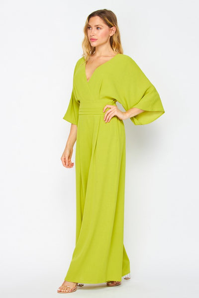 Lime V neck, 3/4 sleeves, pockets jumpsuit.