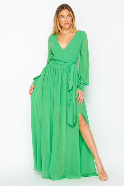 Green long sleeve hi-lo maxi dress