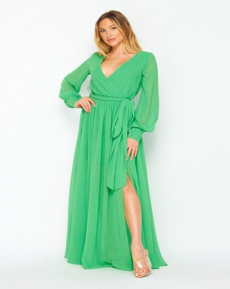 Green long sleeve hi-lo maxi dress