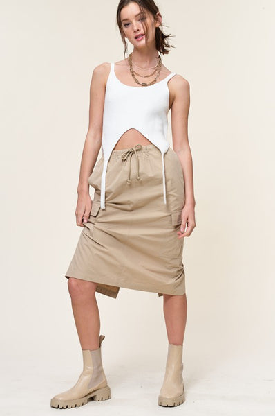 Khaki cargo midi skirt