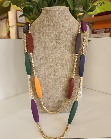 Wood multicolor double long necklace with gold beads