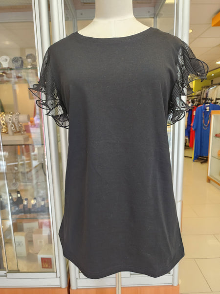 Black t shirt with mesh short sleeves. Pearls on sleeves.