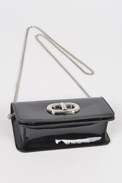 Black enamel faux leather clutch