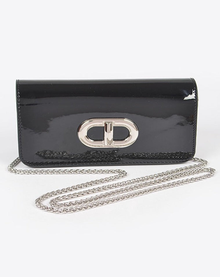 Black enamel faux leather clutch