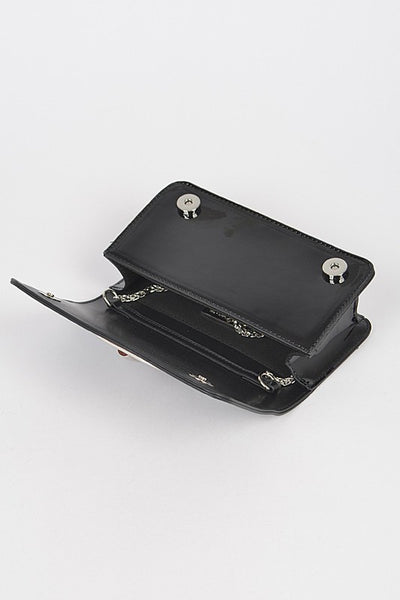 Black enamel faux leather clutch