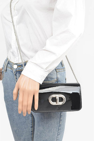 Black enamel faux leather clutch