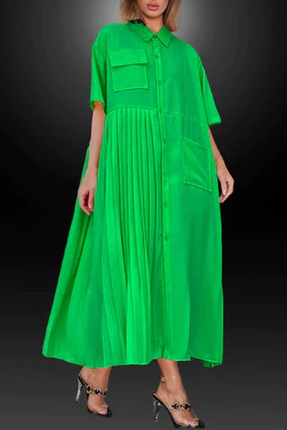 Kelly green pleated, button down dress. Pockets, short sleeves.