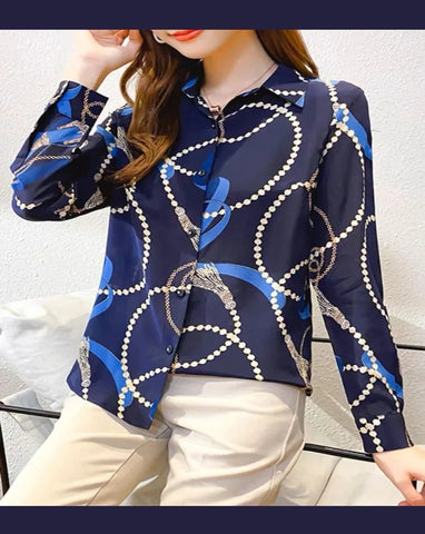 Navy print  button down, collar long sleeves top