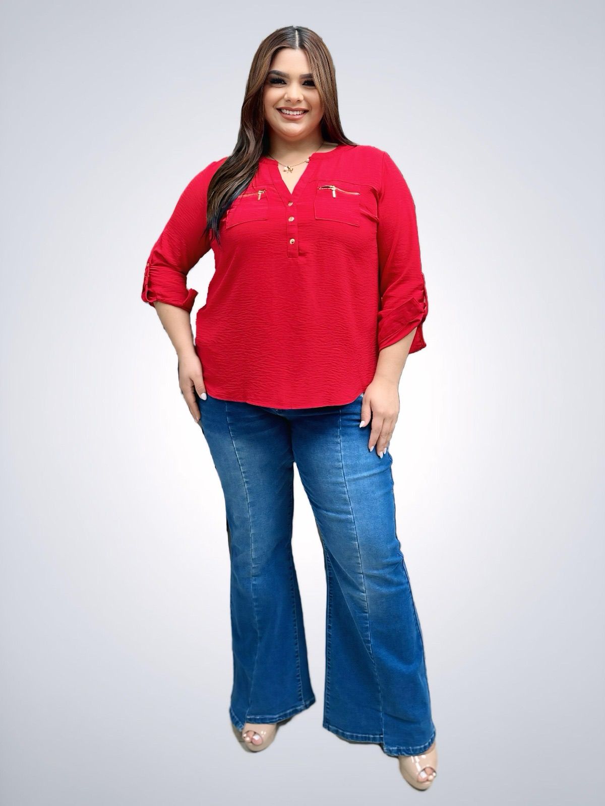 PLUS BLACK BLOUSE WITH ZIPPER ACCENTS AND GOLD BUTTONS