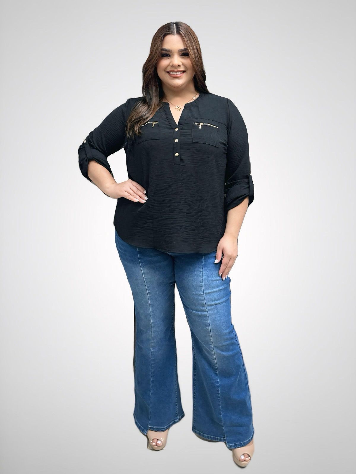 PLUS BLACK BLOUSE WITH ZIPPER ACCENTS AND GOLD BUTTONS