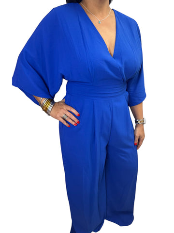 Royal blue, V neck, 3/4 sleeves, pockets jumpsuit.