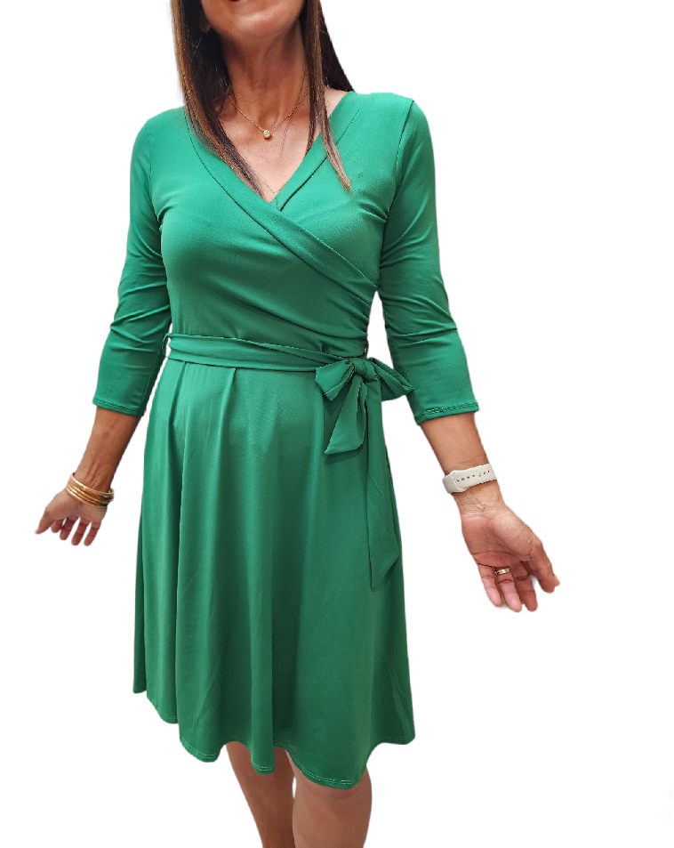 Green solid ity wrap knee length dress