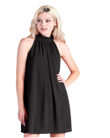 Black pleated front halter dress