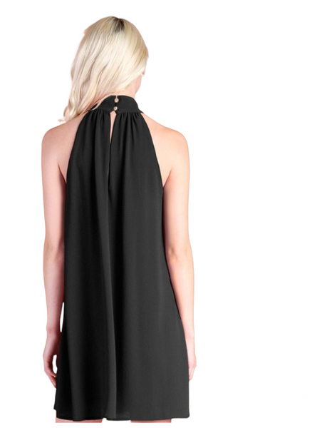 Black pleated front halter dress