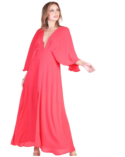 Red crinkle cape maxi dress