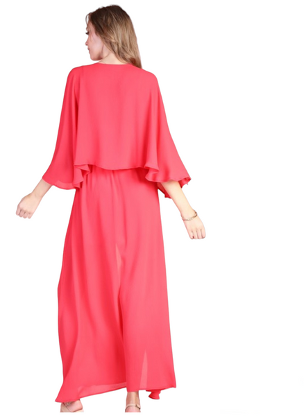 Red crinkle cape maxi dress