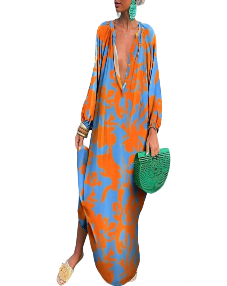 Orange and turquoise abstract maxi dress