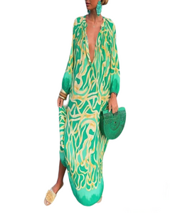 Green and beige abstract shirt  maxi dress