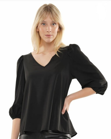 Black v neck top with elastic 3/4 slv. Available also in white.