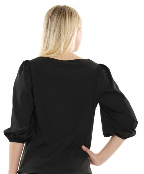 Black v neck top with elastic 3/4 slv. Available also in white.