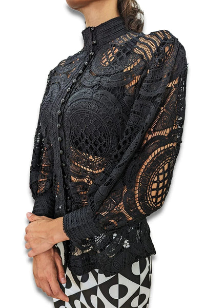 Black,lace,buttoned long sleeves elegant top.