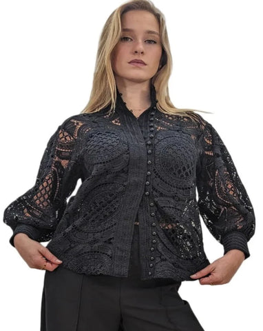 Black,lace,buttoned long sleeves elegant top.