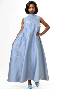 BLUE FLOWER APPLIQUE DRESS