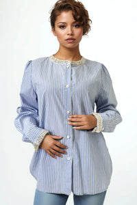 Striped blue and white embellished neckline and cuffs lpong sleeve blouse