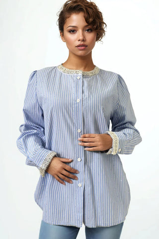 Striped blue and white embellished neckline and cuffs lpong sleeve blouse