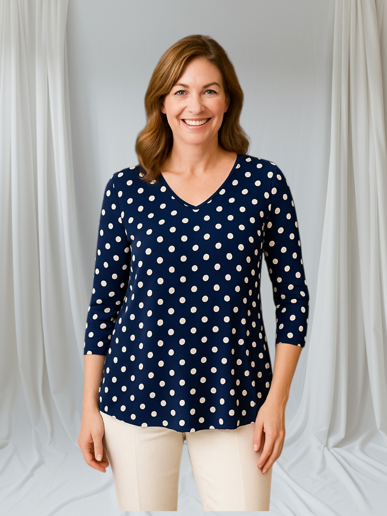 Navy white polka dots asymmetrical top