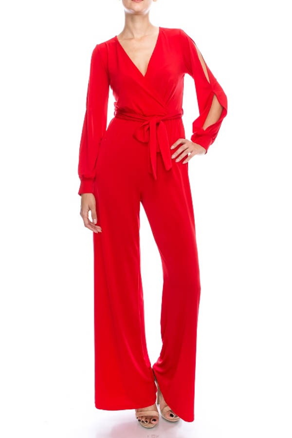 Red wrap around jumpsuit.