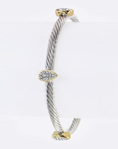 Crystal teardrop charm open two tones bangle