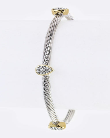 Crystal teardrop charm open two tones bangle