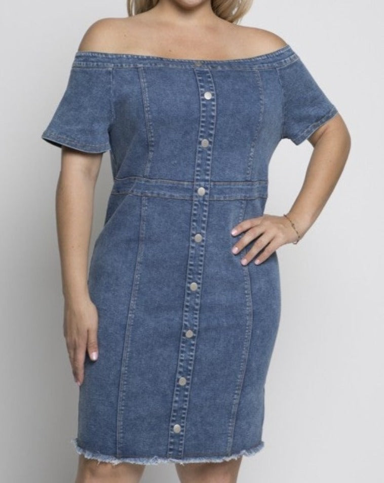 Denim off shoulder dress. Plus size