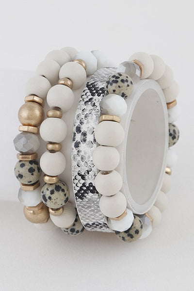 SNAKE PRINT PU LEATHER, GLASS AND WOOD BRACELETS SET