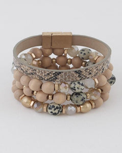 SNAKE PRINT PU LEATHER, GLASS AND WOOD BRACELETS SET