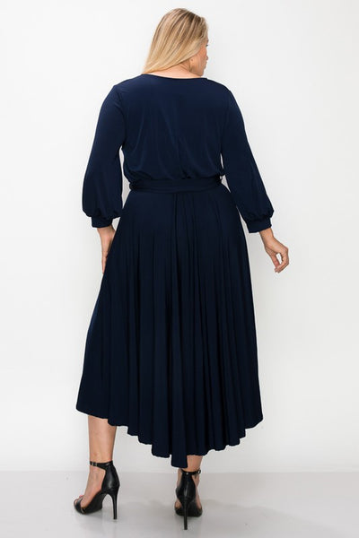 Navy plus  wrap midi dress. 3/4 bell sleeves. Available also in green