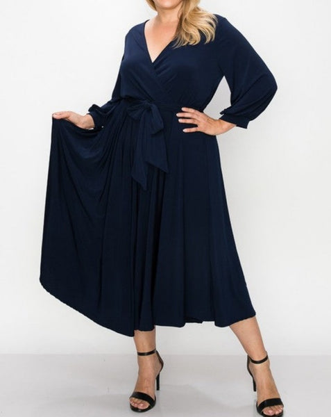 Navy plus  wrap midi dress. 3/4 bell sleeves. Available also in green