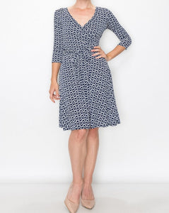 Navy and white wrap knee length dress