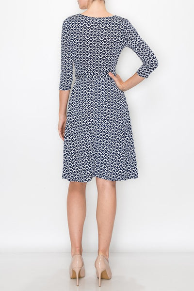 Navy and white wrap knee length dress