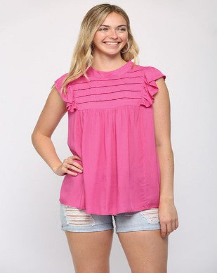 Fucshia challis and ruffle sleeve top