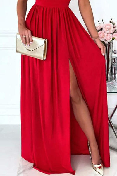 Red cold shoulder ruched high slit dress