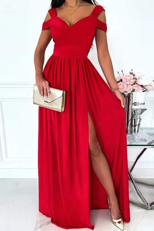 Red cold shoulder ruched high slit dress