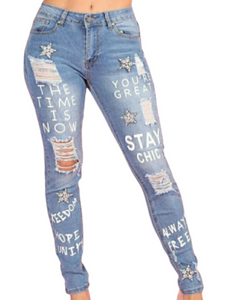 Denim high waisted embellished jeans