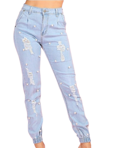 Denim distressed jogger pants with pearls