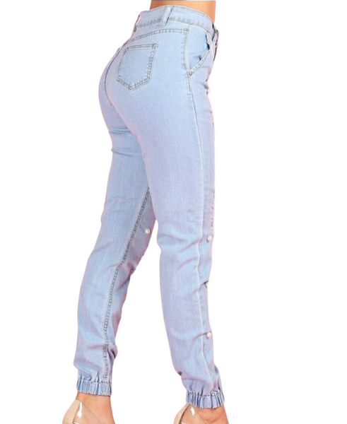 Denim distressed jogger pants with pearls